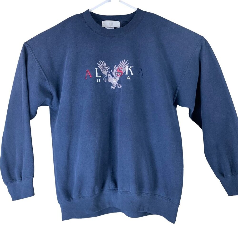 Vintage Crewneck Sweatshirt Embroidered Alaska USA Navy Blue Size XL Top Threads